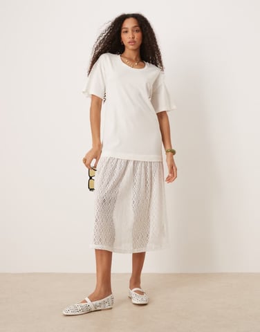ASOS DESIGN T-shirt midi dress with crochet dropped waist in white