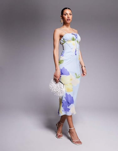ASOS DESIGN bardot chiffon bias midi dress in lilac floral print