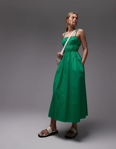 Topshop shirred poplin midi dress in green