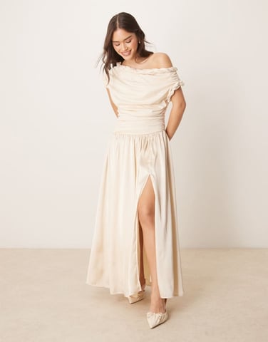 ASOS DESIGN twist neckline ruched bodice with satin skirt midi dress in cream