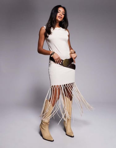 ASOS DESIGN sleeveless macrame fringe hem detail midi dress in stone