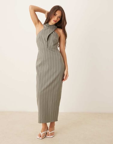 ASOS DESIGN bengaline cross neck midi column dress in stripe
