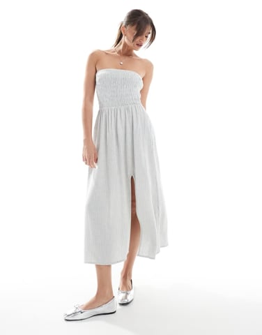 Hollister strapless drop waist panelled midi dress in sage stripe