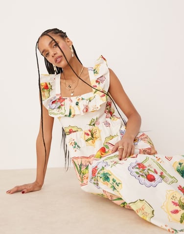 Nobody's Child Cassidy ruffle tiered midi dress in postcard fruit print