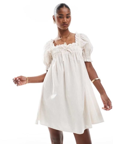 Miss Selfridge yarn dyed stripe smock dress in beige stripe