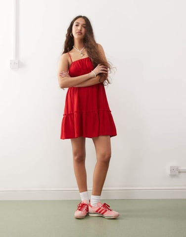 Miss Selfridge seersucker tiered smock dress in red