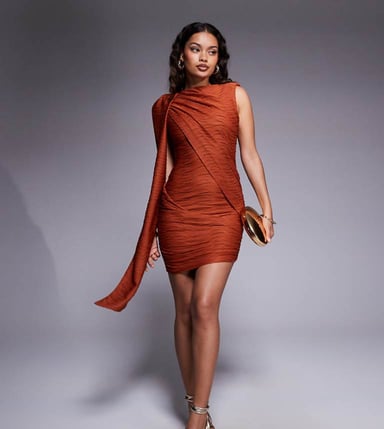 ASOS DESIGN Petite textured slash neck mini dress with draped sash detail in orange