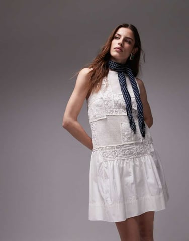 Topshop crochet patchwork dropped hem mini dress in white
