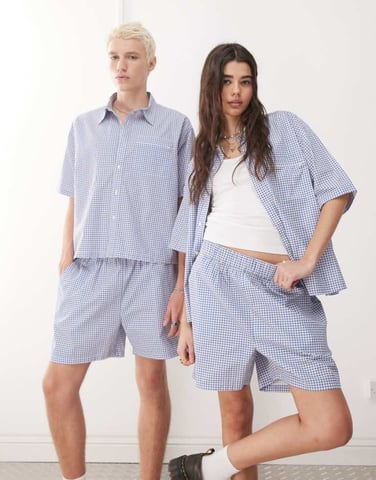 Reclaimed Vintage unisex boxy pull on shorts in blue and white gingham