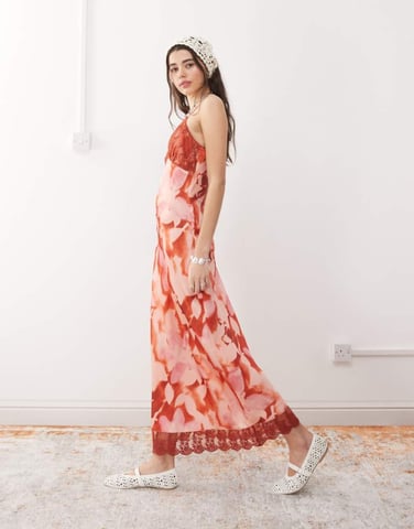 Reclaimed Vintage maxi cami slip dress with lace trims in red floral print