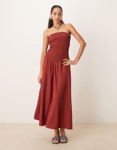 ASOS DESIGN crinkle bandeau maxi dress in burgundy