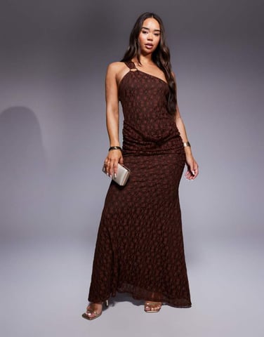 ASOS DESIGN ring detail one shoulder with gauging detail maxi dress in brown