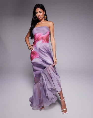 ASOS DESIGN bandeau maxi dress with asymmetric ruffle hem in lilac abstract floral print