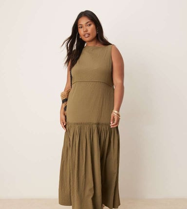 ASOS DESIGN Curve crinkle slash neck maxi dress with seaming detail