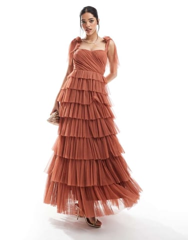 Lace & Beads bow shoulder tulle maxi dress in terracotta