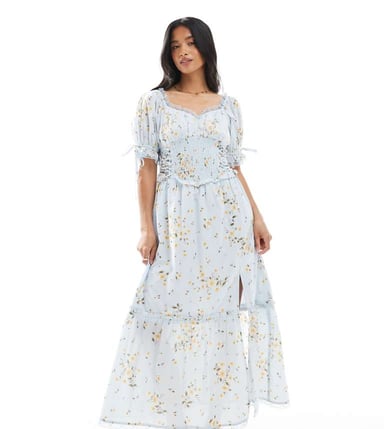 Miss Selfridge Petite printed milkmaid maxi dress in blue floral print