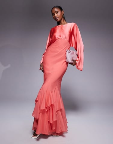 ASOS DESIGN cape sleeve godet maxi dress in coral