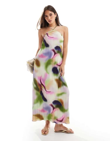 Vero Moda high neck plisse maxi dress in abstract swirl print