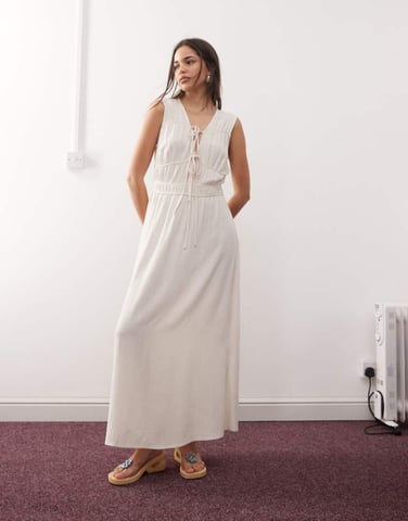 Reclaimed Vintage maxi linen blend sun dress with ruching and ties in ecru