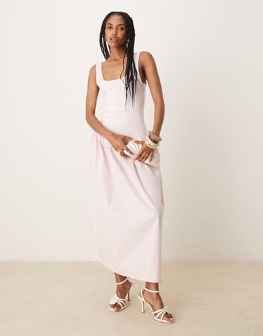 ASOS DESIGN poplin mix maxi dress with square neck in pink
