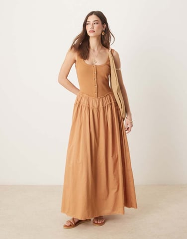 ASOS DESIGN scoop button ribbed bodice with poplin skirt maxi dress in rust