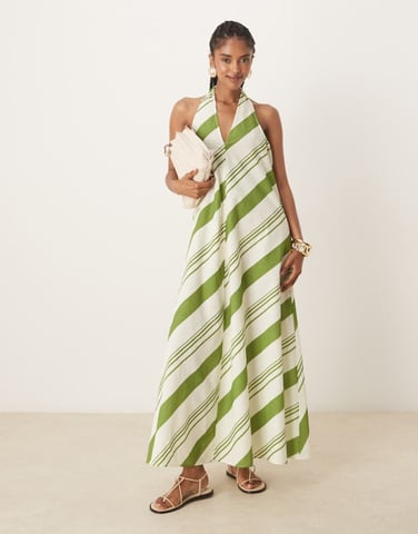 ASOS DESIGN relaxed halter neck maxi dress in green stripe