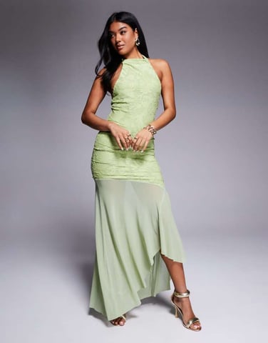 ASOS DESIGN highneck maxi dress with sheer skirt in green
