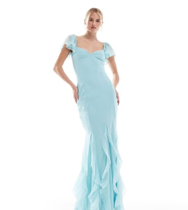 ASOS DESIGN Tall flutter sleeve maxi dress with ruffle godets in blue