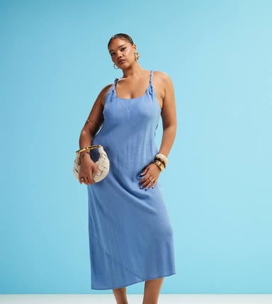 ASOS DESIGN Curve linen look twist strap bias maxi sundress in denim blue