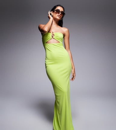 Kaiia exclusive double layered slinky bandeau gold hardware bust detail thigh split maxi dress in lime green