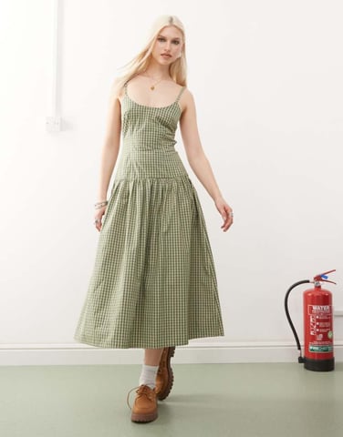 COLLUSION scoop neck drop waist maxi dress in green check