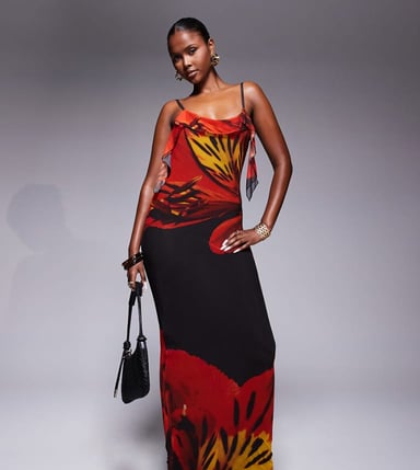Kaiia exclusive double layered slinky cami ruffle detail cowl back maxi dress in red floral
