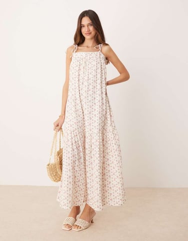 YAS tie shoulder boho smock maxi dress in ditsy pink floral print