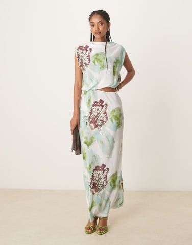 ASOS DESIGN plisse cutout detail maxi dress in orchid print