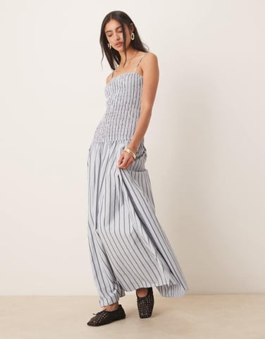 Glamorous shirred drop waist maxi dress in white charcoal stripe