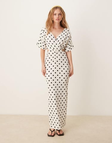 YAS wrap cut out detail maxi dress in white and black polka dot