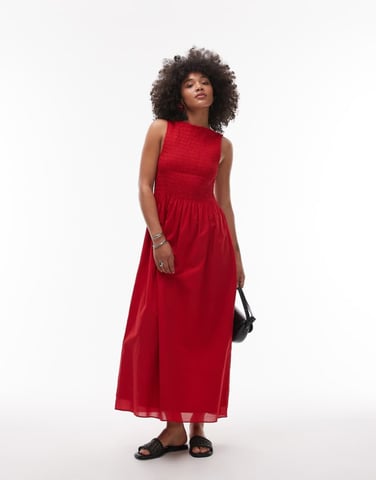 & Other Stories boat neck maxi dress with smocked bodice in red
