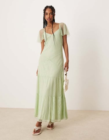 ASOS DESIGN flutter sleeve lace panelled maxi dress in mint