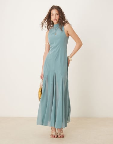 ASOS DESIGN high neck maxi dress with chiffon godets in washed blue