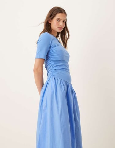 NeverFully Dressed cotton poplin drop hem maxi dress in cobalt