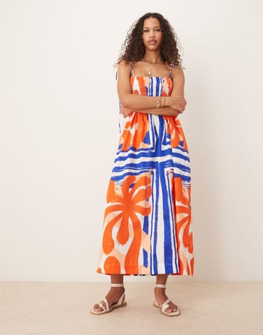 ASOS DESIGN shirred bust cotton sateen maxi dress in red and blue abstract print