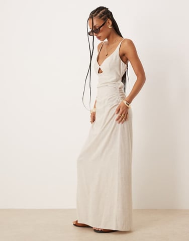 ASOS DESIGN linen maxi sunsundress with bralet cut out in oat
