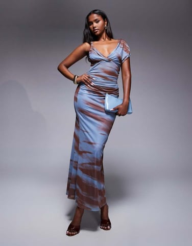 ASOS DESIGN mesh draped shoulder maxi dress in animal print