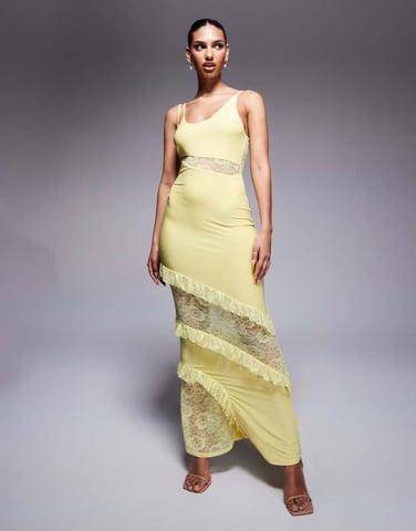 ASOS DESIGN cami strap lace panel maxi dress with ruffle detail in pastel yellow