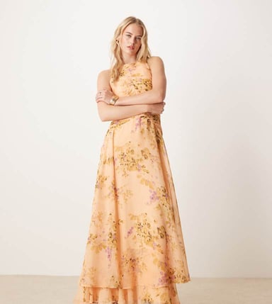 ASOS DESIGN Tall racer neck ruched bodice dropped waist maxi dress in floral print