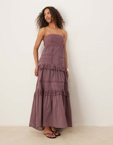 ASOS DESIGN bandeau maxi sundress with pintucks and lace tiers in deep grape