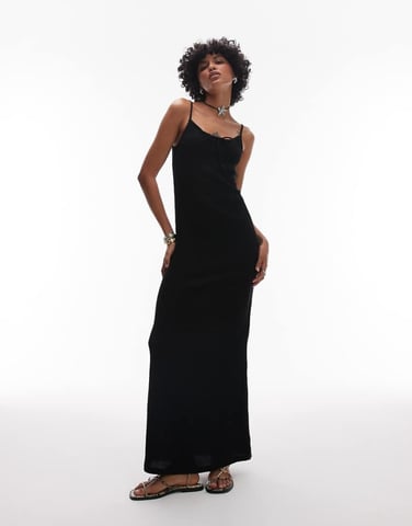 Topshop crinkle tie front cami maxi dress in black