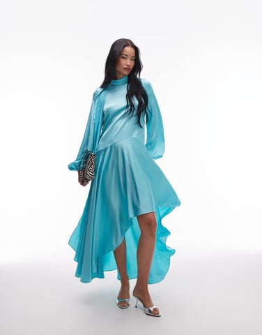 ASOS ARCHIVE satin maxi dress with dropped waist and scarf detail in turqouise