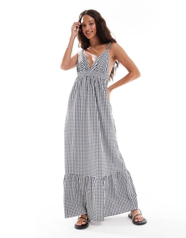 Vero Moda plunge front cami maxi dress in black gingham print