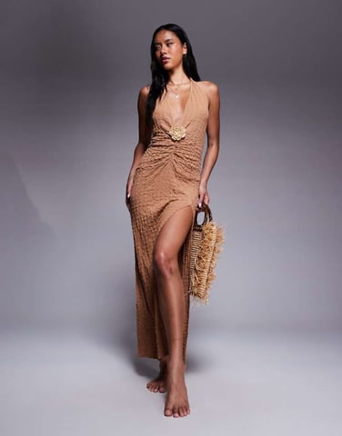 ASOS DESIGN Raffi plunge maxi beach dress in dark brown
